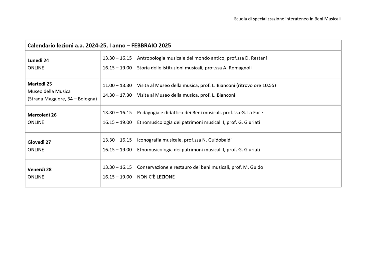 Calendario lezioni a.a. 2024-25, I anno – FEBBRAIO 2025