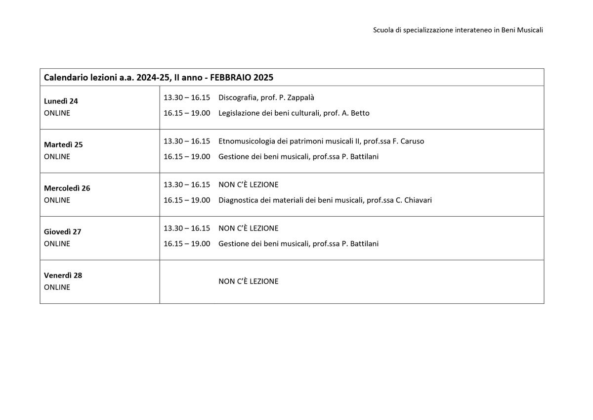 Calendario lezioni a.a. 2024-25, II anno – FEBBRAIO 2025